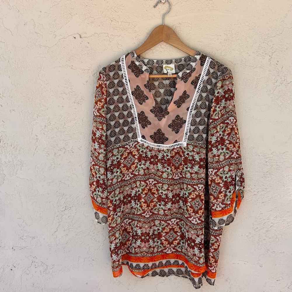 Fig and Flower Boho Paisley Mixed Print Peasant Tunic Top Large